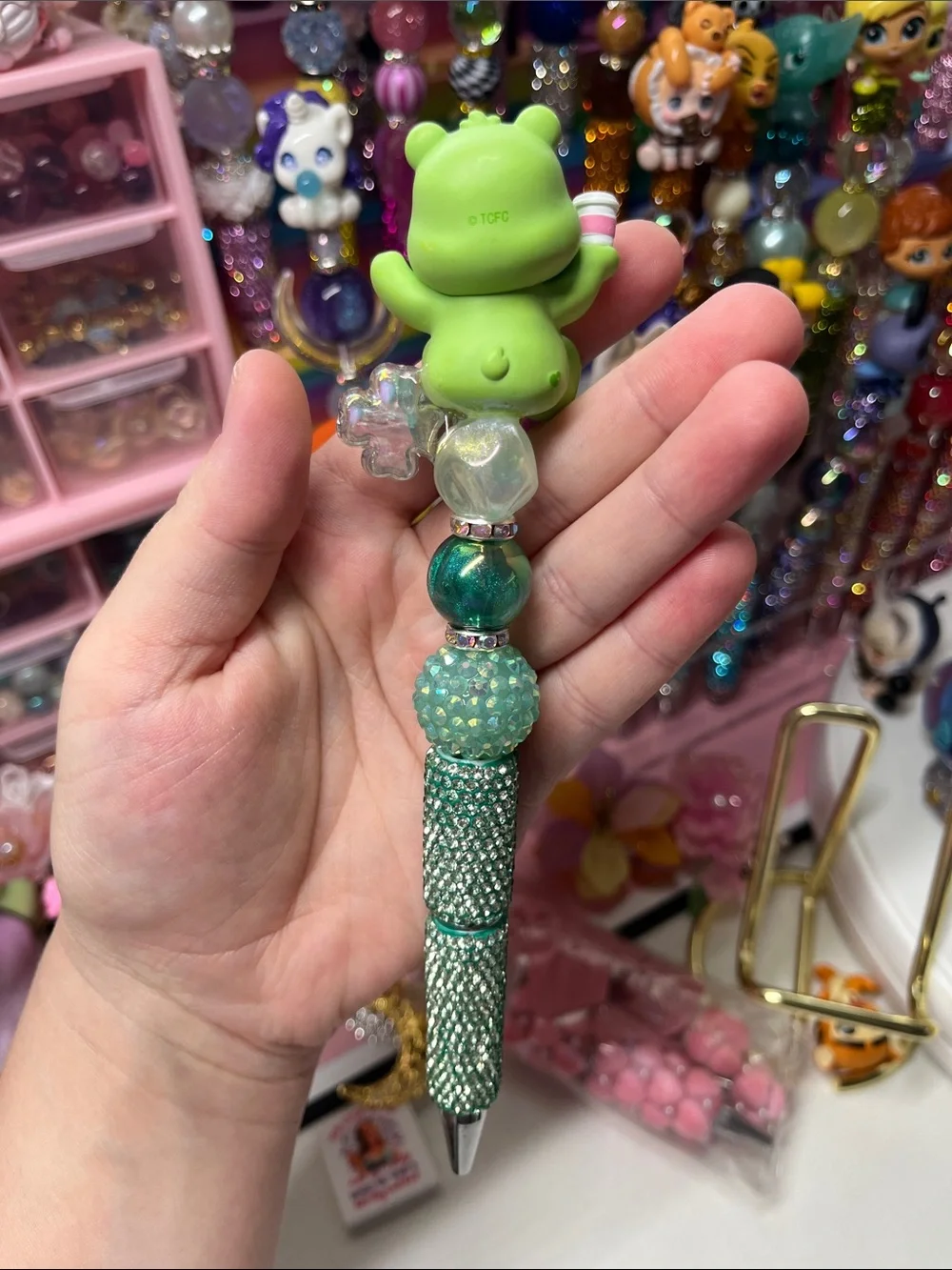 Green carebear refillable beaded pen